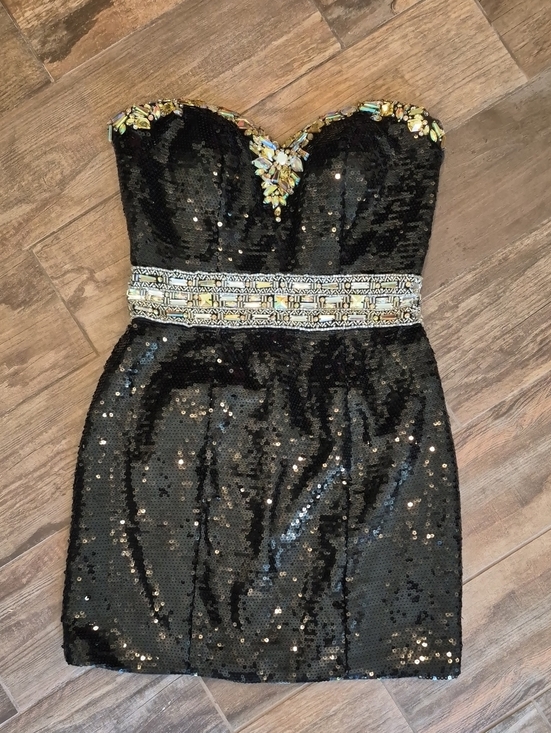 None Dresses & Skirts - Vtg Sequin Rhinestone Strapless Fully Lined Sweetheart Neckline Mini Dress, 2